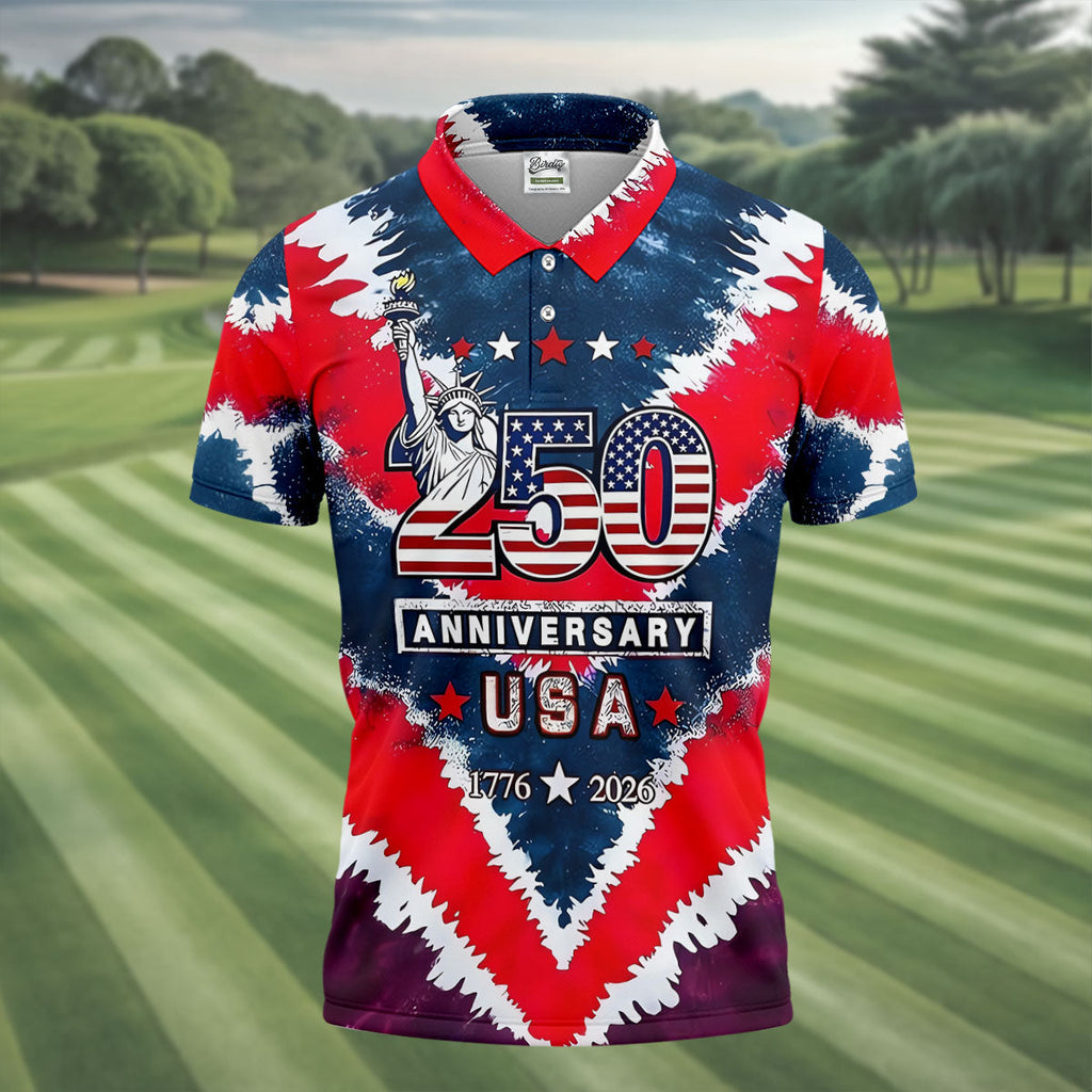 250th Anniversary Red White Blue Tie Dye Print Patriotic Golf Shirt, 4th Of July Golf Shirts For Men