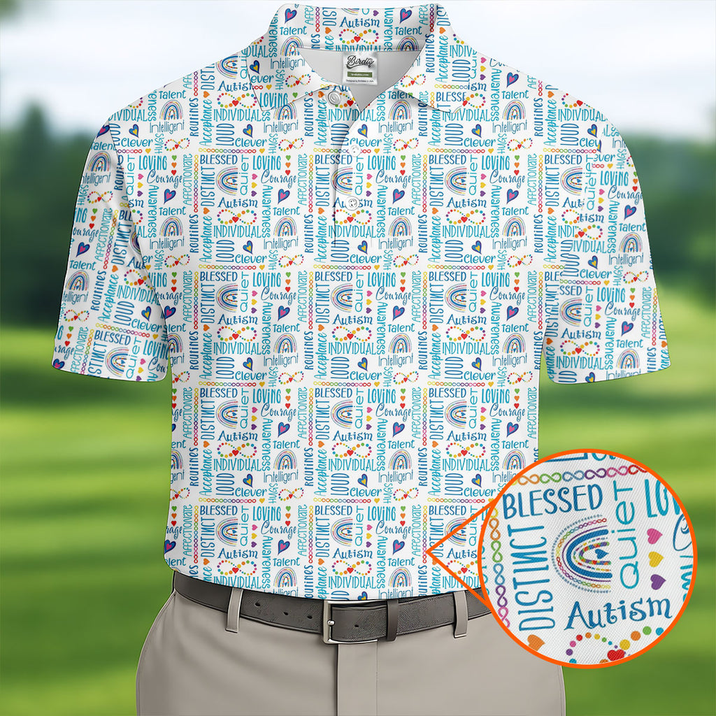 Autism Awareness Rainbow Heart Infinity Symbol Blue And White Men's Golf Shirt, Polo Shirts For Men