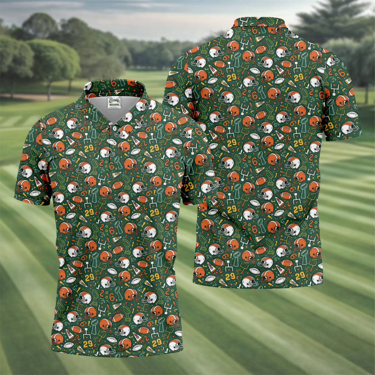 Orange And White Football Helmet Trophy Pattern Green Men Polo, Game Day Football Theme Polo For Men
