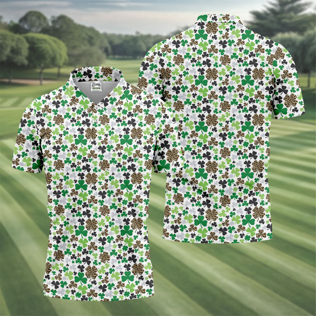 Leopard Pattern St Patrick's Day Shamrock Golf Shirt, Fun Golf Shirts For Men, Polo Shirts For Men