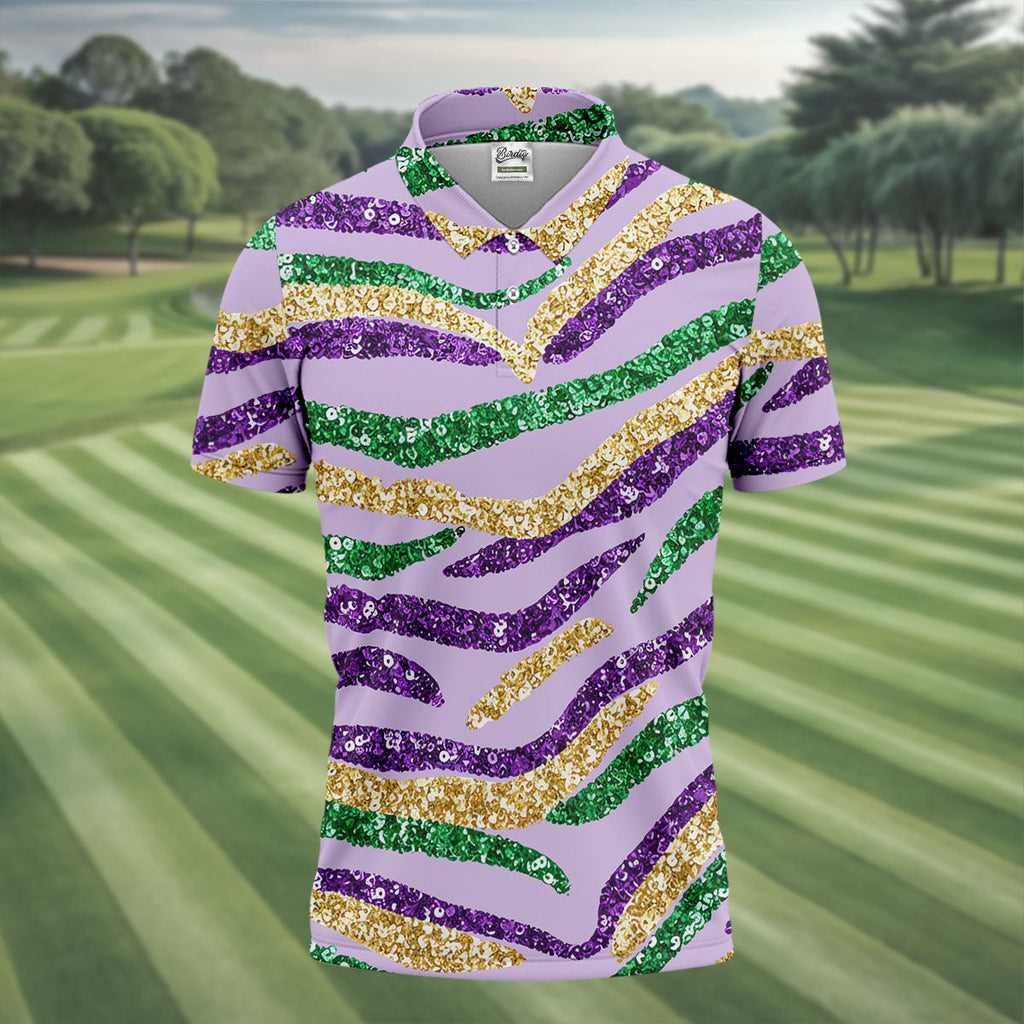 Purple Green Gold Sequin Pattern Light Purple Mardi Gras Golf Shirt, Polo Shirts For Men, Golf Shirts For Men