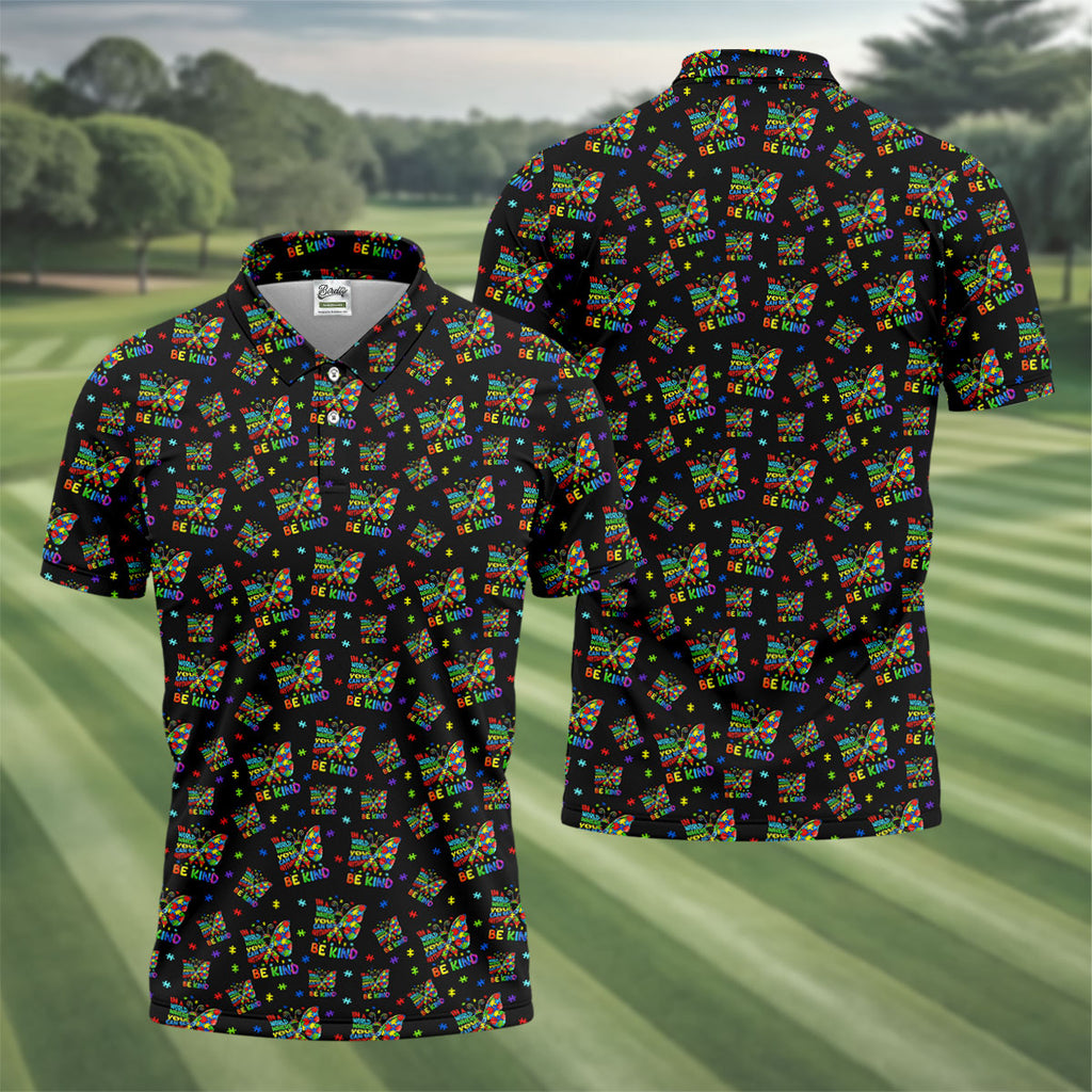 In A World Where You Can Be Anything Be Kind Rainbow Butterfly Autism Awareness Black Golf Shirt, Golf Shirts For Men