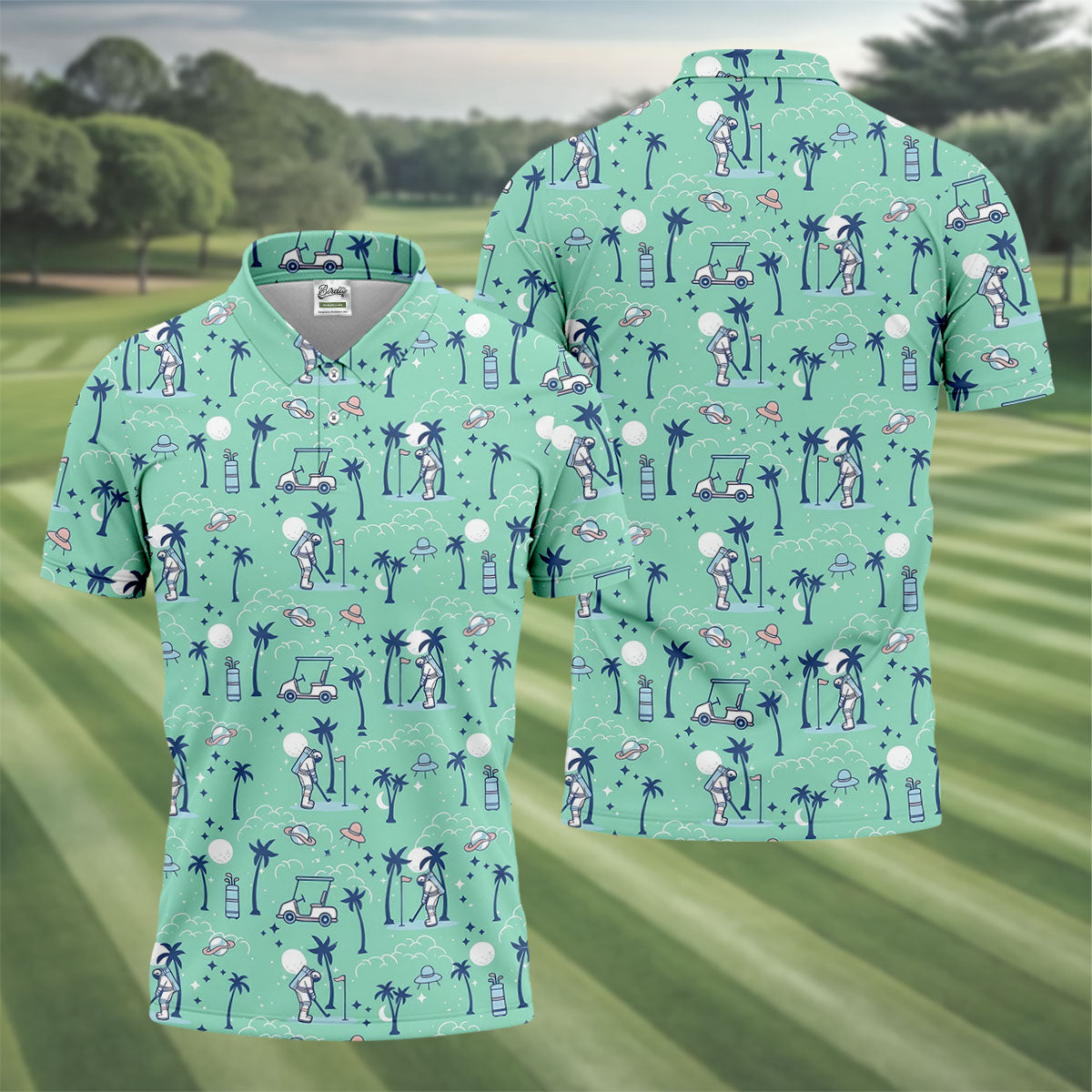 Astronaut Golfing Space Themed Tropical Golf Shirt, Golf Tops For Men, Golf Shirts For Men