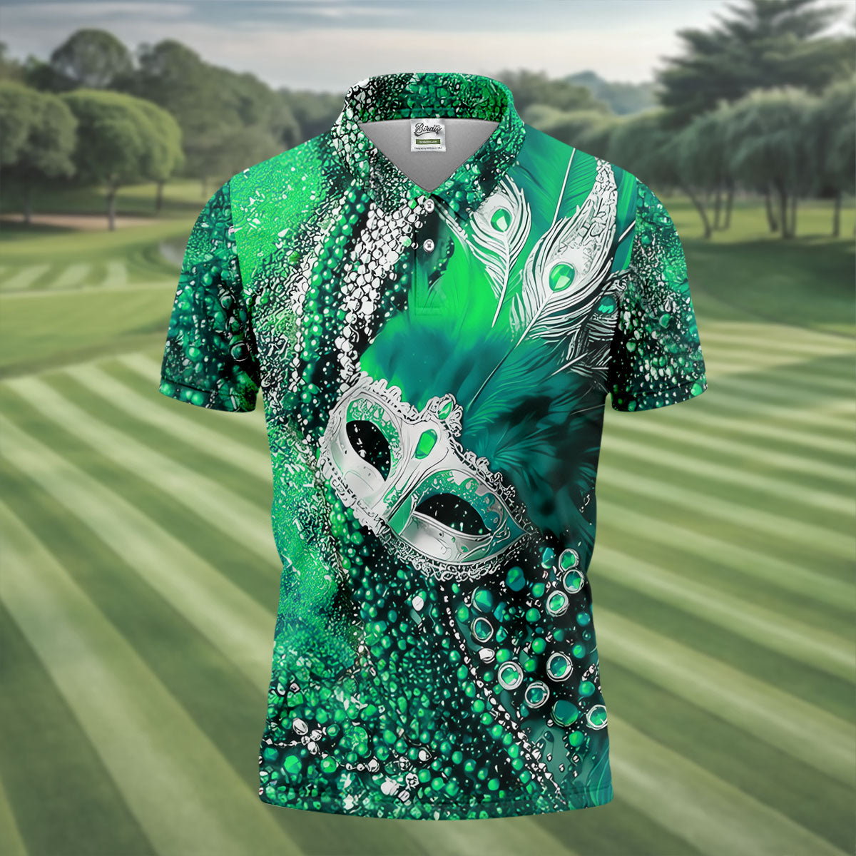 Mardi Gras Masquerade Mask Feather Beads Green Golf Shirt, Polo Shirts For Men, Golf Shirts For Men