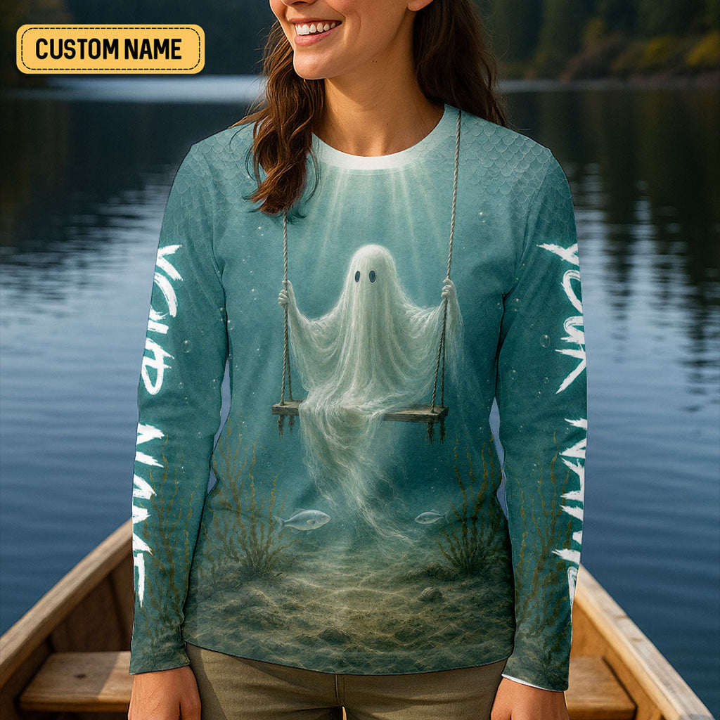 Your Name Underwater Ghost Halloween Fishing UPF Shirt, Womens Fishing Shirt, Fishing Apparel