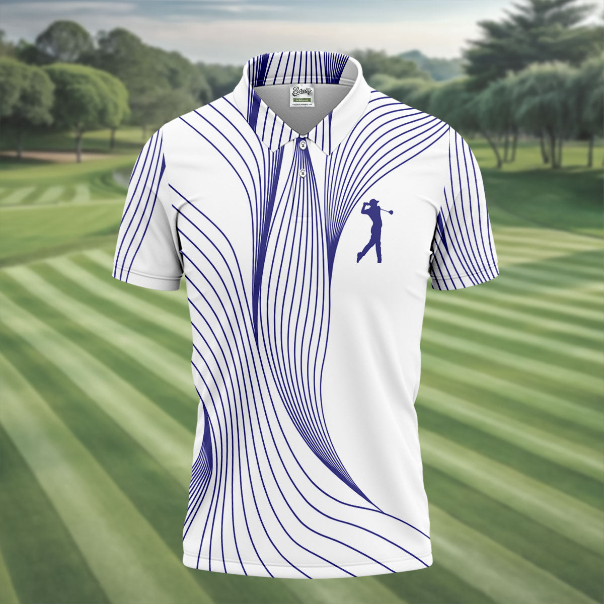 Geometric Line Wavy Line Purple And White Golf Shirts For Men, Men's Golf Shirt, Polo Shirts For Men
