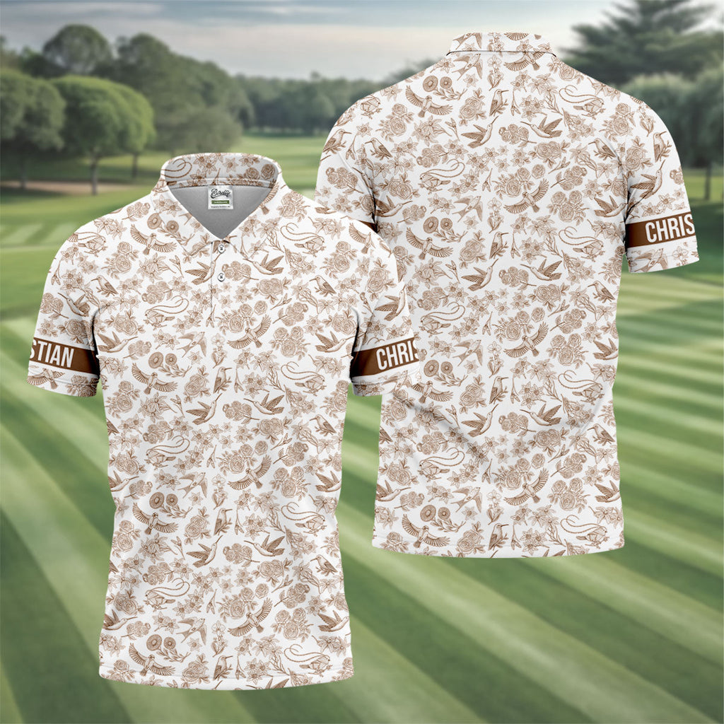 Custom Name Toile de Jouy Birds And Flowers Brown Golf Shirt, Polo Shirts For Men, Golf Gift For Men
