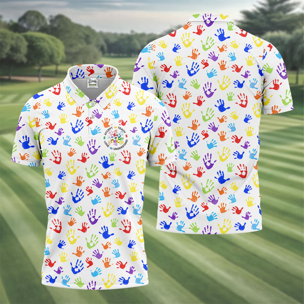 Accept Teach Understand Love Autism Awareness Colorful Handprint White Golf Shirt, Golf Shirts For Men
