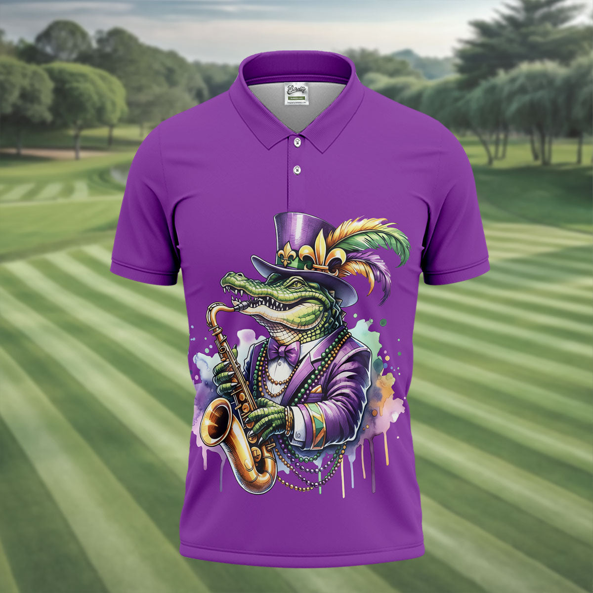 Mardi Gras Alligator Playing Saxophone Purple Golf Shirt, Golf Shirts For Men, Polo Shirts For Men