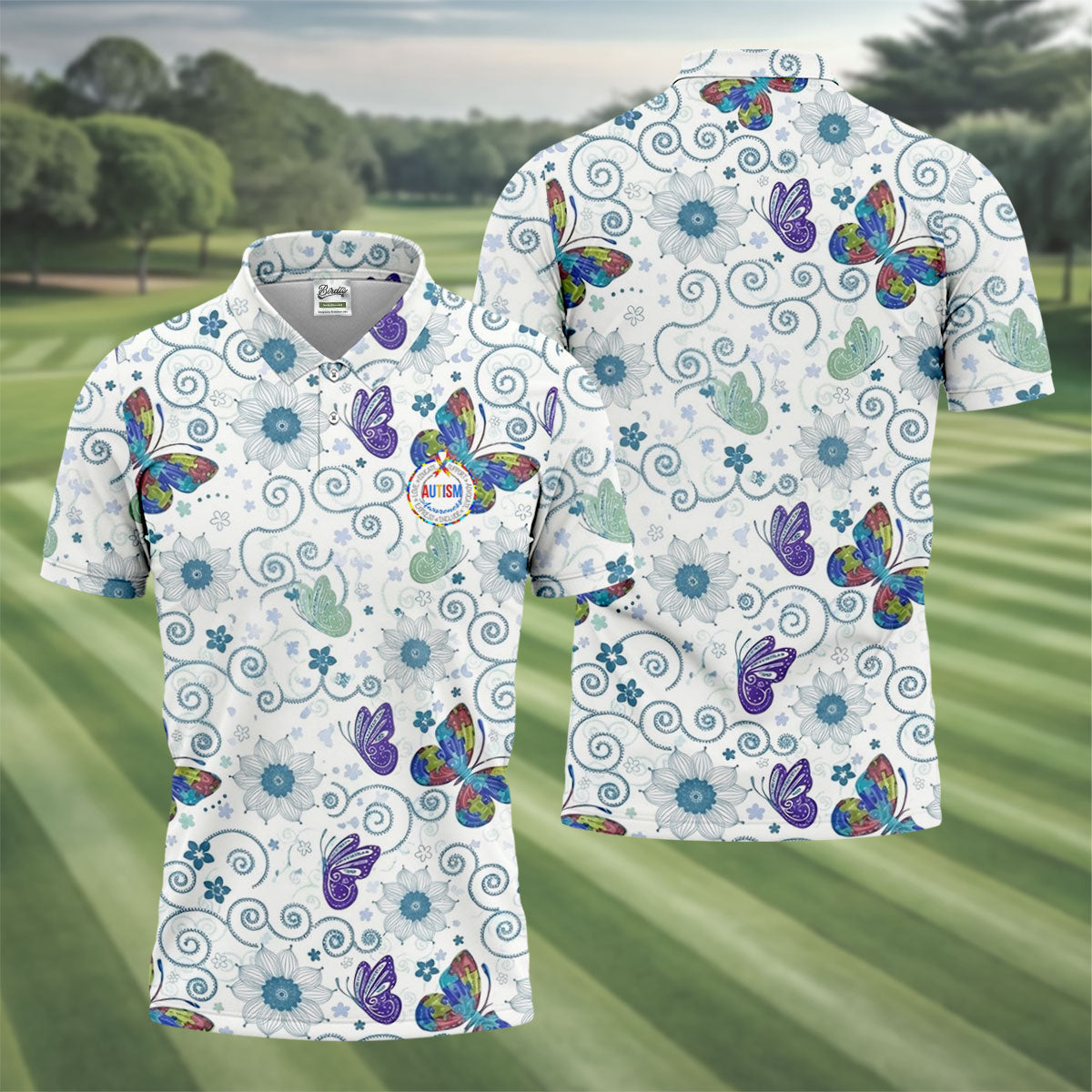 Autism Awareness Flower And Butterfly Puzzle Ribbon Men's Golf Shirt, Polo Shirts For Men