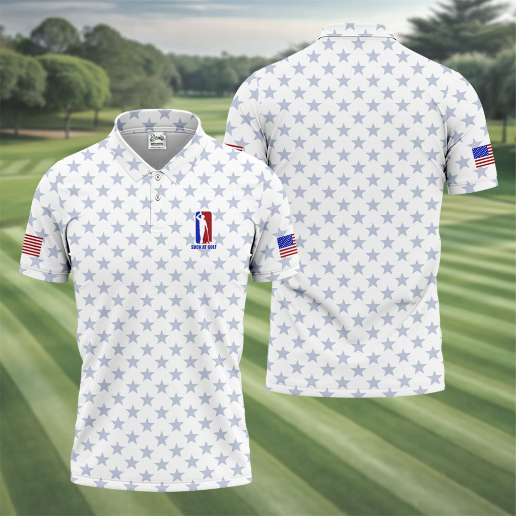 Suck At Golf Patriotic 4th Of July Stars Pattern White Golf Shirt, 250th Anniversary Golf Shirts For Men