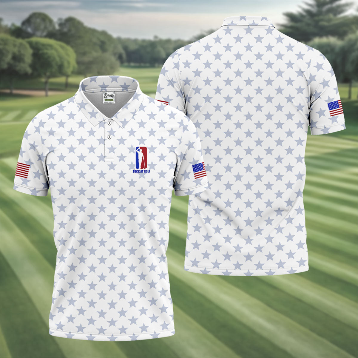 Suck At Golf Patriotic 4th Of July Stars Pattern White Golf Shirt, 250th Anniversary Golf Shirts For Men