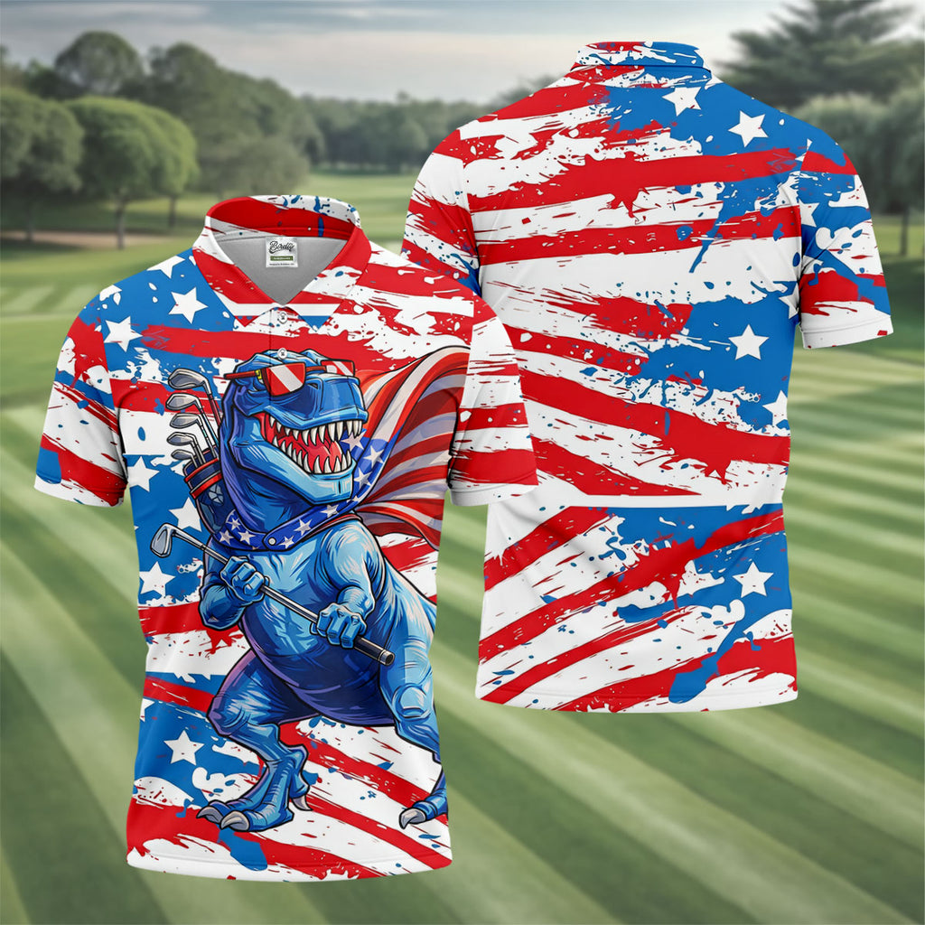 Funny Dinosaur USA Flag Print 250 Years Anniversary Golf Tops For Men, 4th Of July Patriotic Golf Shirt