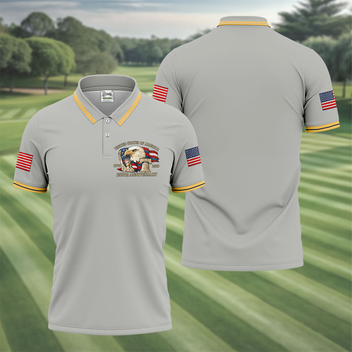Bald Eagle American Flag 250 Years Grey Golf Shirt, Patriotic 4th Of July Golf Shirts For Men