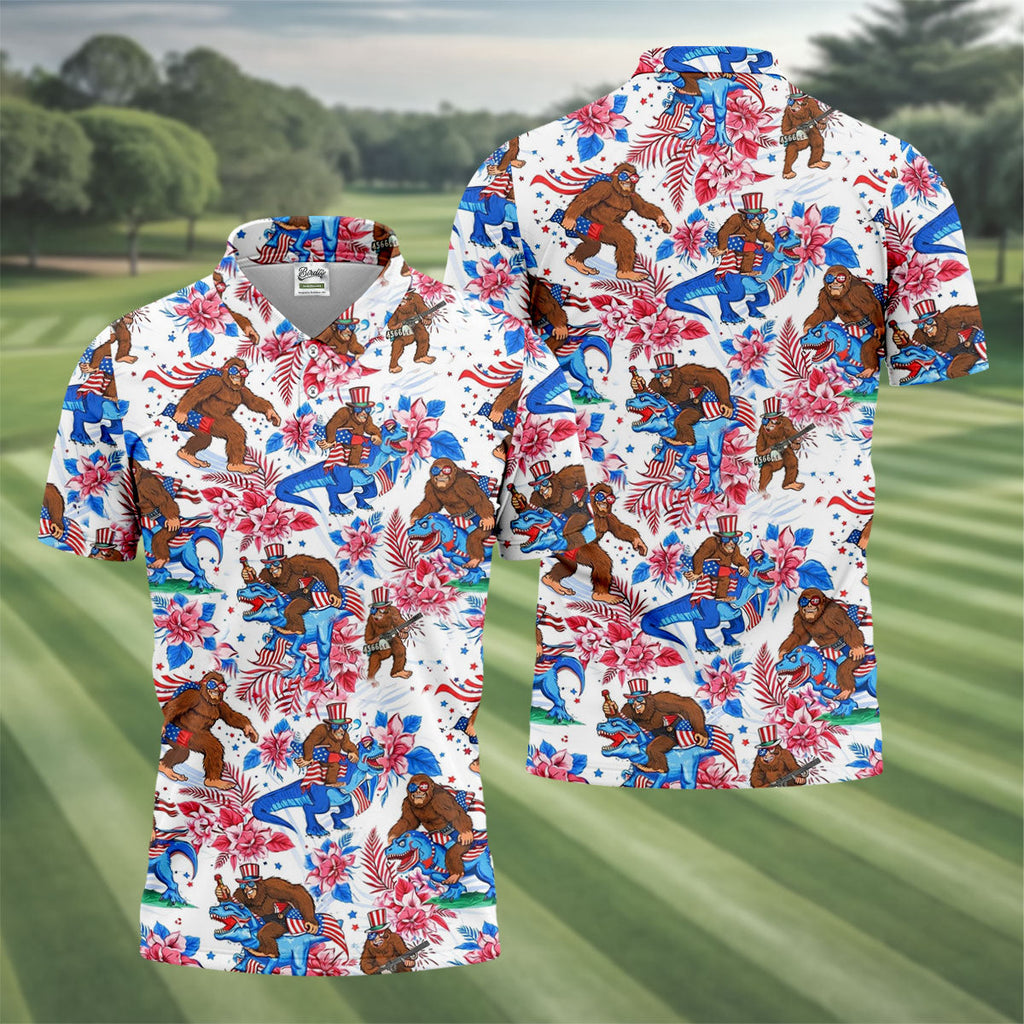 American Flag Patriotic Pride Funny Bigfoot Hawaiian Golf Shirt, 250th Anniversary Golf Shirts For Men