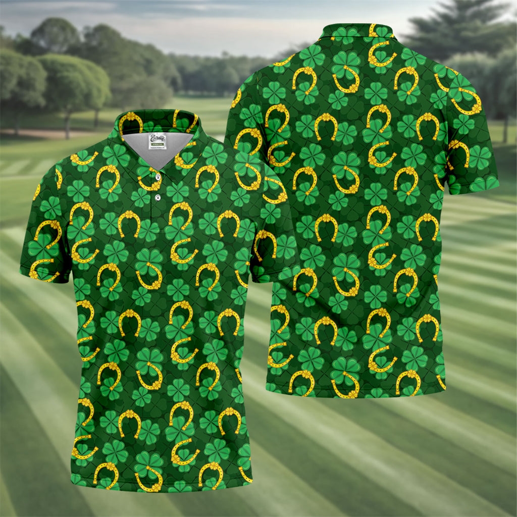 Four Leaf Clovers Golden Horseshoes St Patrick's Day Golf Shirt, Polo Shirts For Men, Golf Shirts For Men