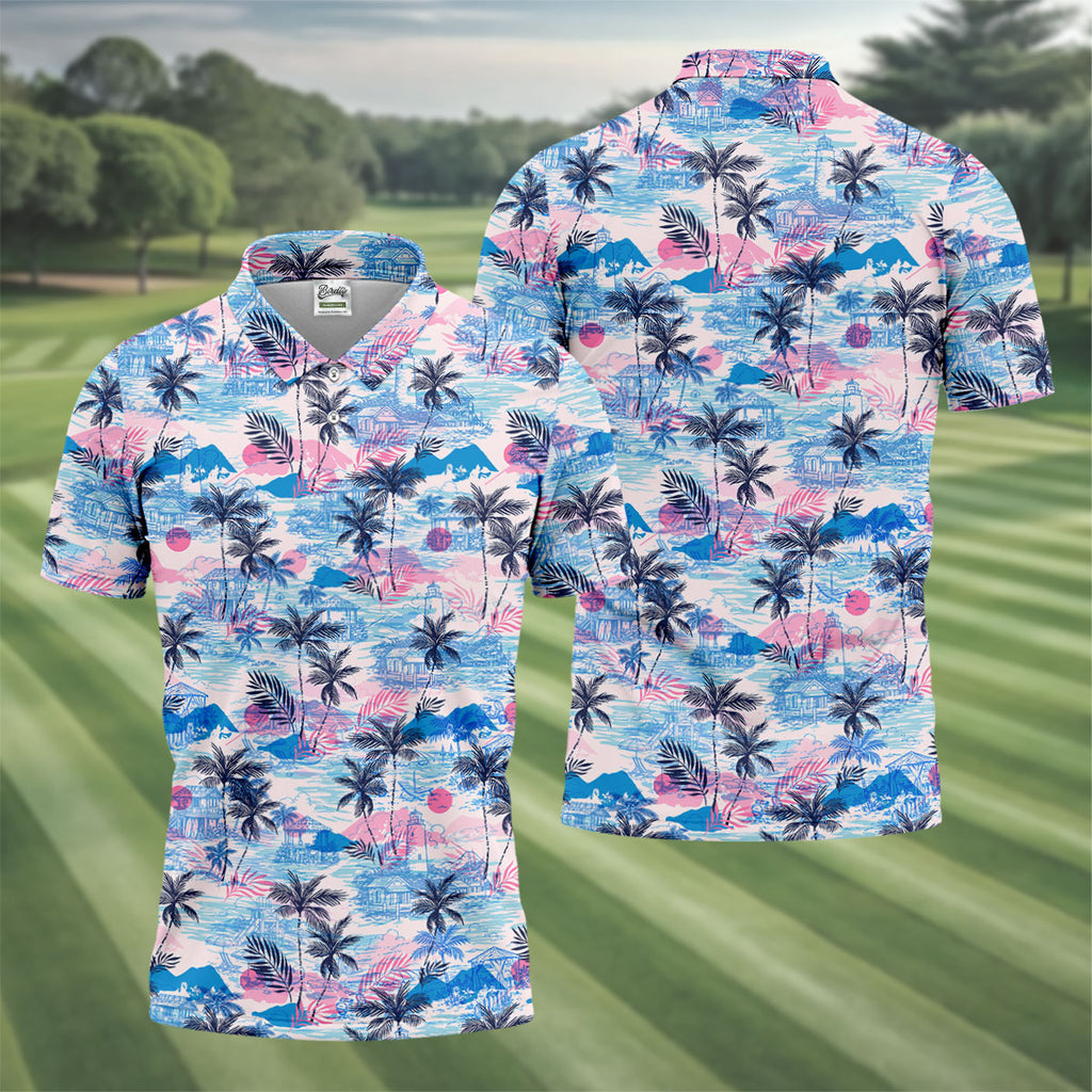 Tropical Island Sunset Pink And Blue Hawaiian Golf Shirt, Polo Shirts For Men, Golfing Apparel