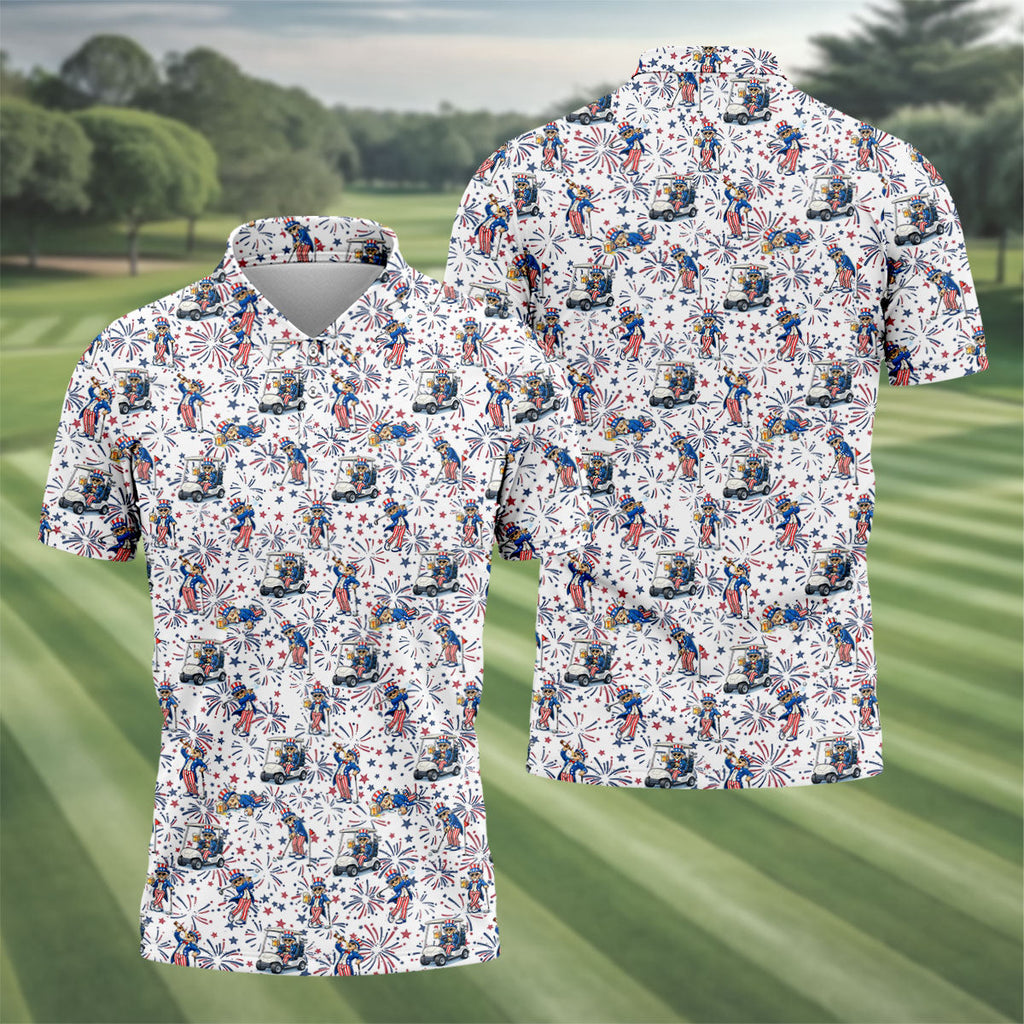 Patriotic Theme Golf And Beer Funny 4th Of July Golf Shirt, 250 Years Seamless Pattern Golf Shirts For Men