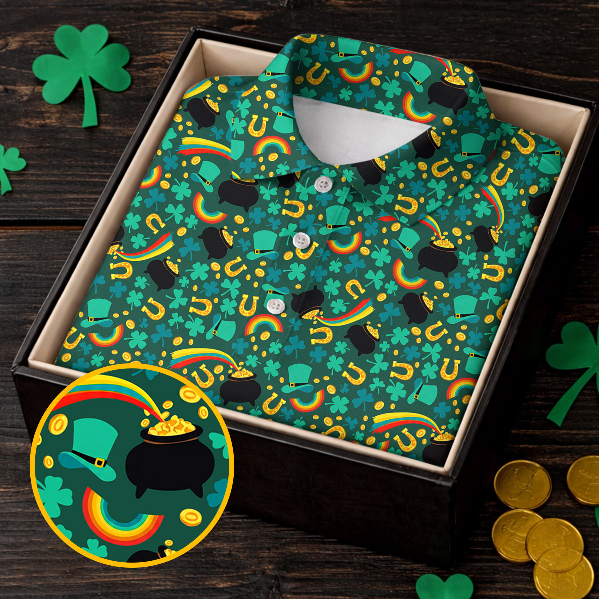 Shamrock Beer Lucky Four Leaf Clover St Patrick's Day Pot Of Gold Polo Shirts For Men, Golf Gift For Men
