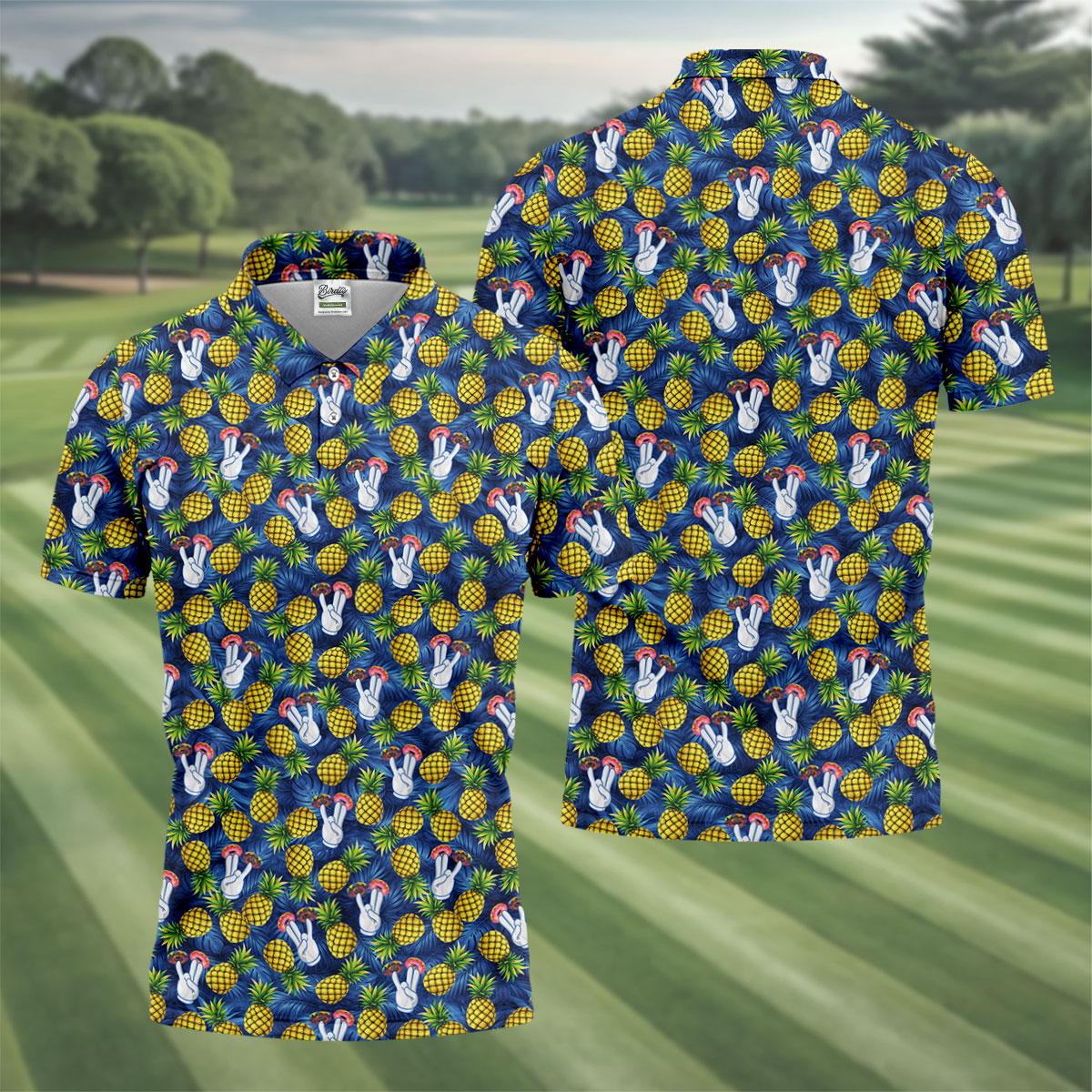 Hawaiian Pineapples Donut Finger Blue Green Yellow Fun Golf Shirts For Men, Polo Shirts For Men