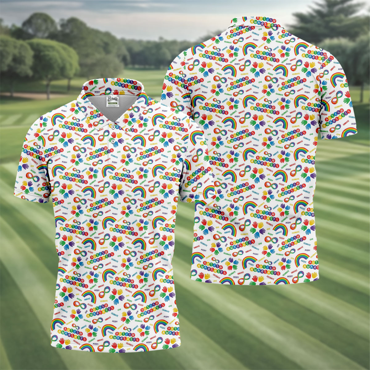 Autism Awareness Rainbow Pattern Colorful Handprints White Golf Shirt, Polo Shirts For Men
