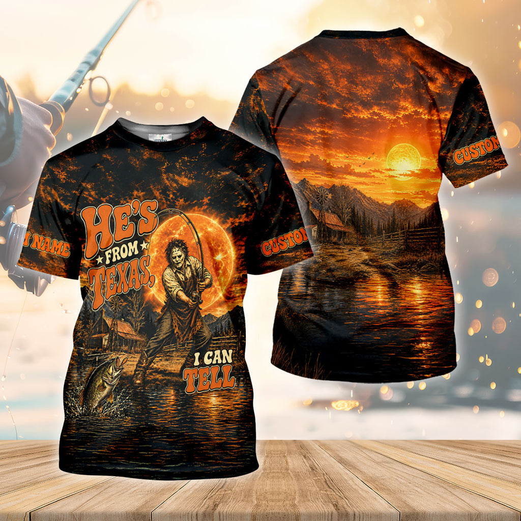 He's From Texas I Can Tell Horror Character UPF Shirt, Womens Fishing Shirt, Halloween Fishing Shirt