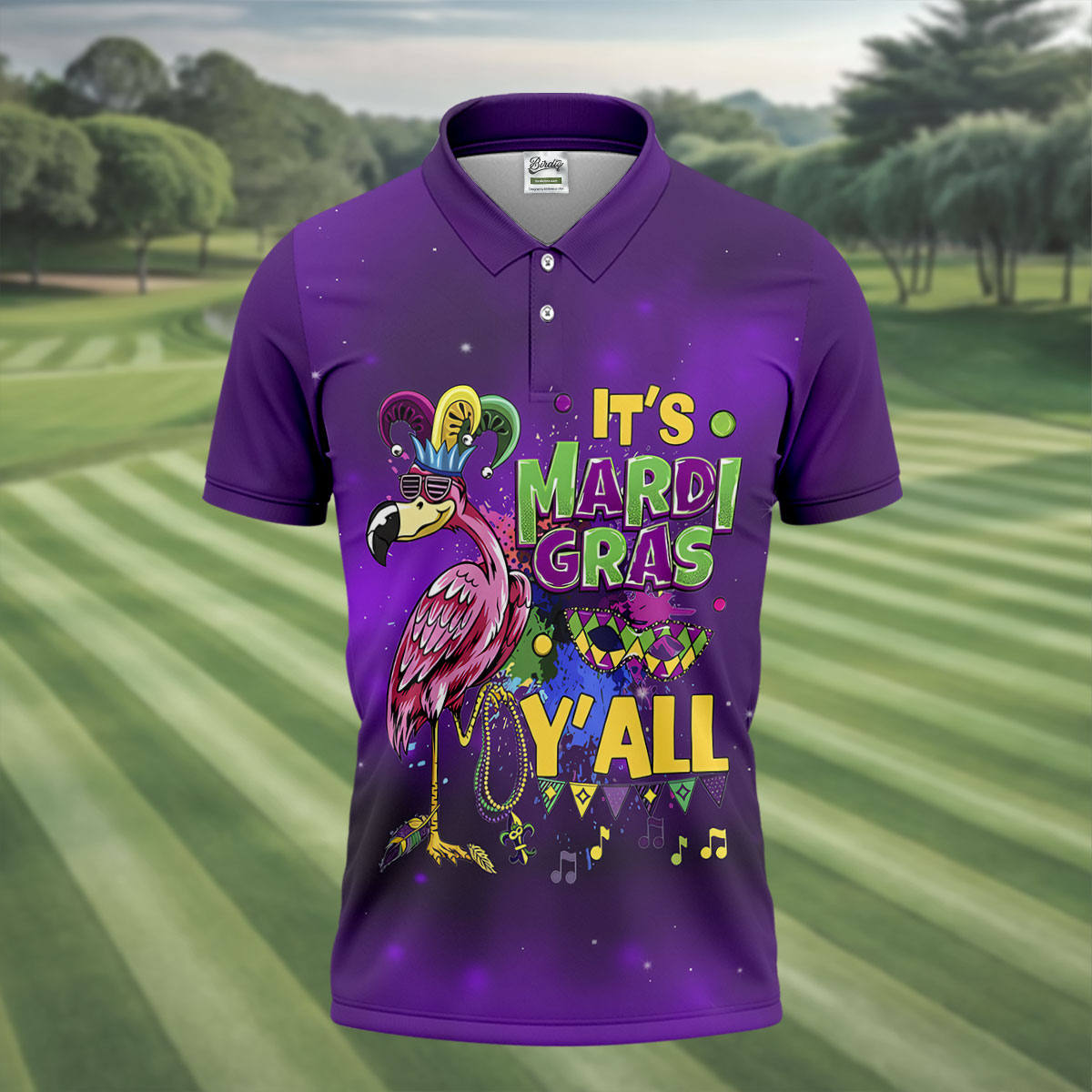 It's Mardi Gras Y'All Funny Flamingo Purple Golf Shirt, Polo Shirts For Men, Golf Shirts For Men