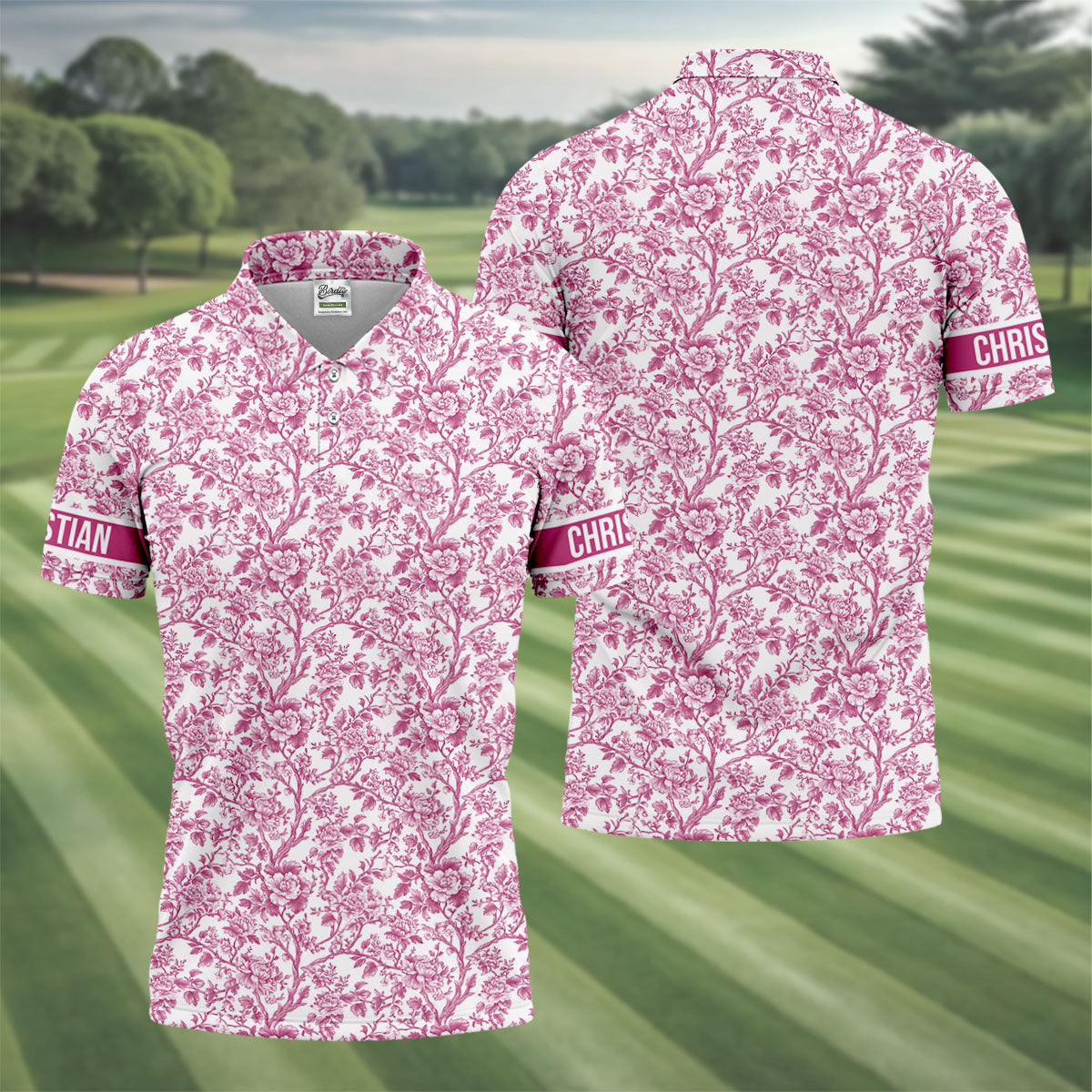 Toile De Jouy Pink Golf Shirt, Golf Tops For Men, Polo Shirts For Men, Golf Gift For Men, Golf Shirts For Men