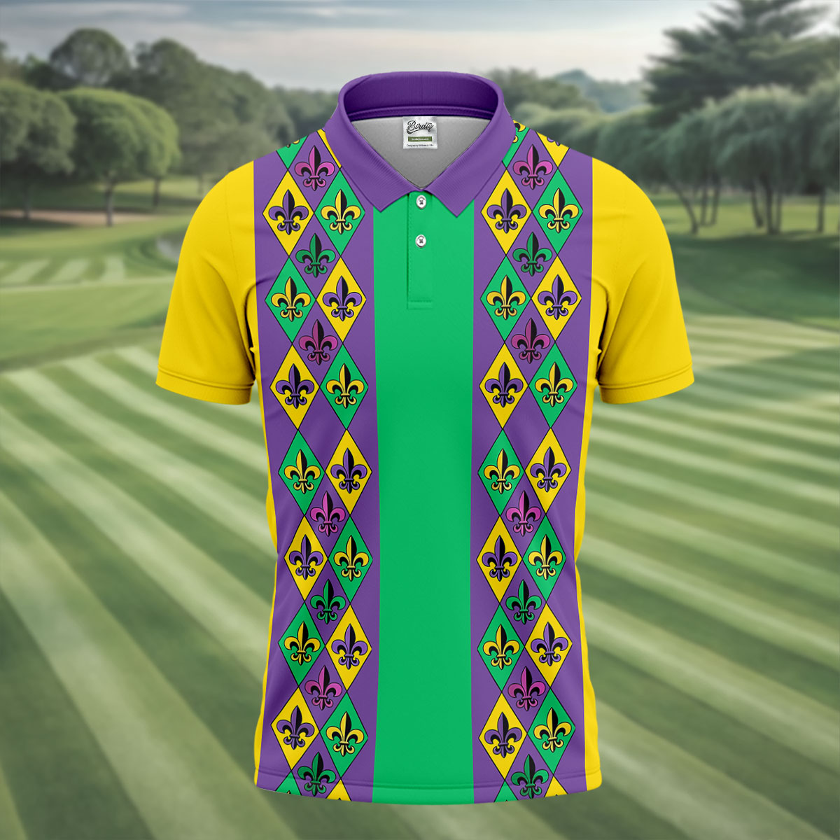 Purple Green Gold Fleur De Lis Argyle Pattern Mardi Gras Golf Shirt, Golf Shirts For Men, Polo Shirts For Men