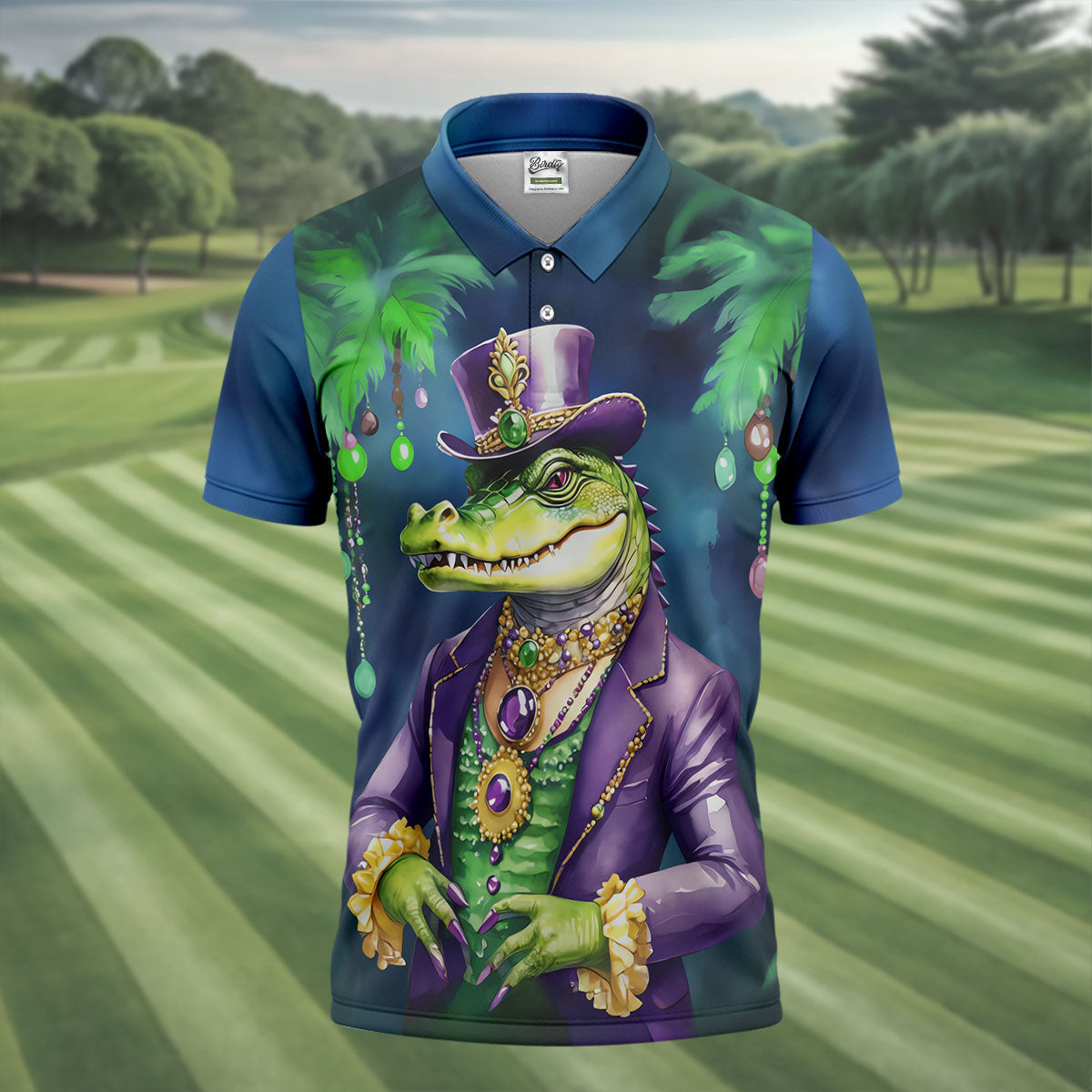 Mardi Gras Alligator Navy Golf Shirt, Men's Funny Golf Shirts, Polo Shirts For Men, Golf Shirts For Men