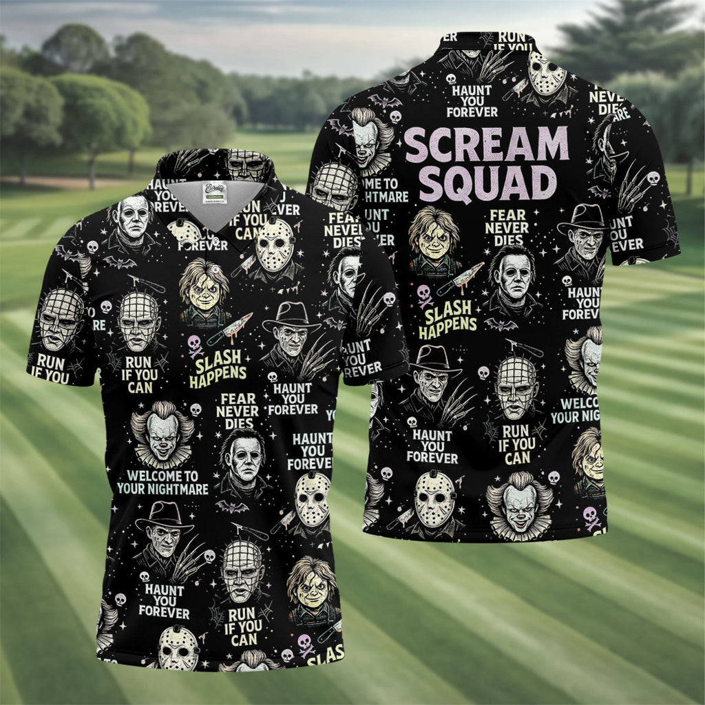 Scream Squad Horror Halloween Character Halloween Polo Shirts, Horror Movie Shirt, Men's Golf Polo