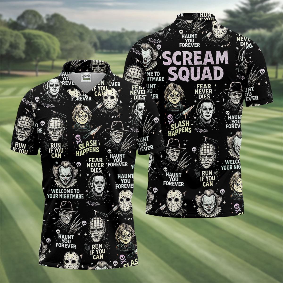 Scream Squad Horror Halloween Character Halloween Polo Shirts, Horror Movie Shirt, Men's Golf Polo