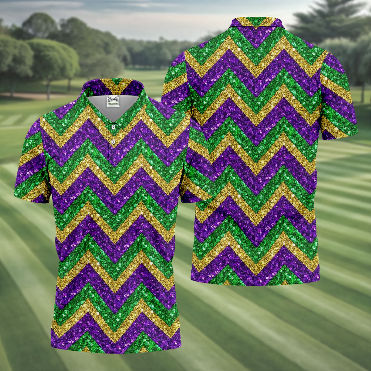 Mardi Gras Purple Gold Green Zigzag Pattern Glitter Print Golf Tops For Men, Polo Shirts For Men, Golf Shirts For Men