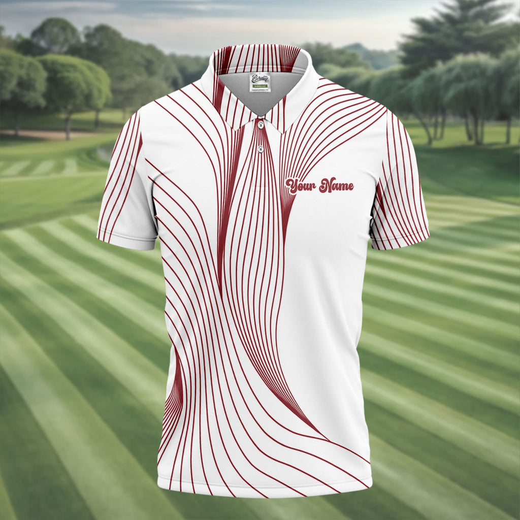 Geometric Line Wavy Line Red And White Custom Name Golf Shirts For Men, Men's Golf Shirt, Polo Shirts For Men