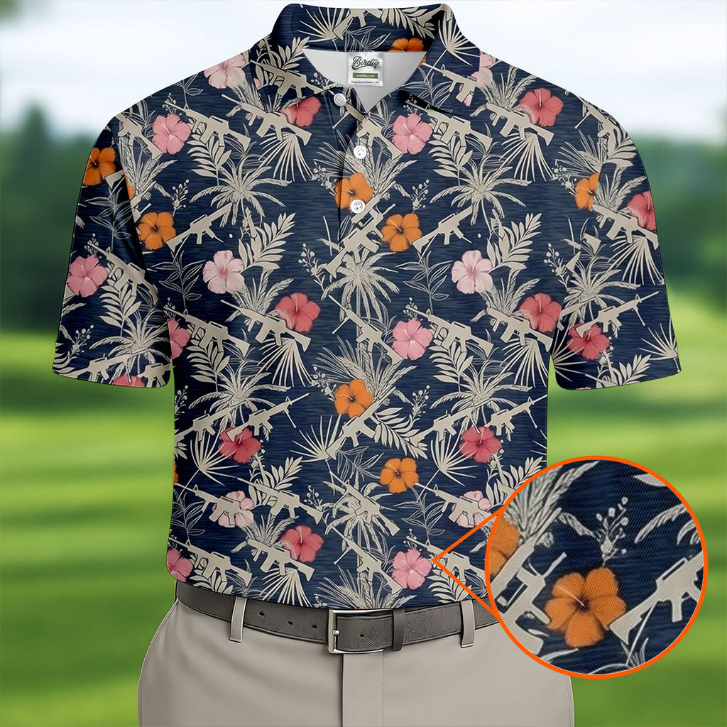 Hawaiian Hibicus Military Theme Navy Golf Shirt, Golf Shirts For Men, Polo Shirts For Men