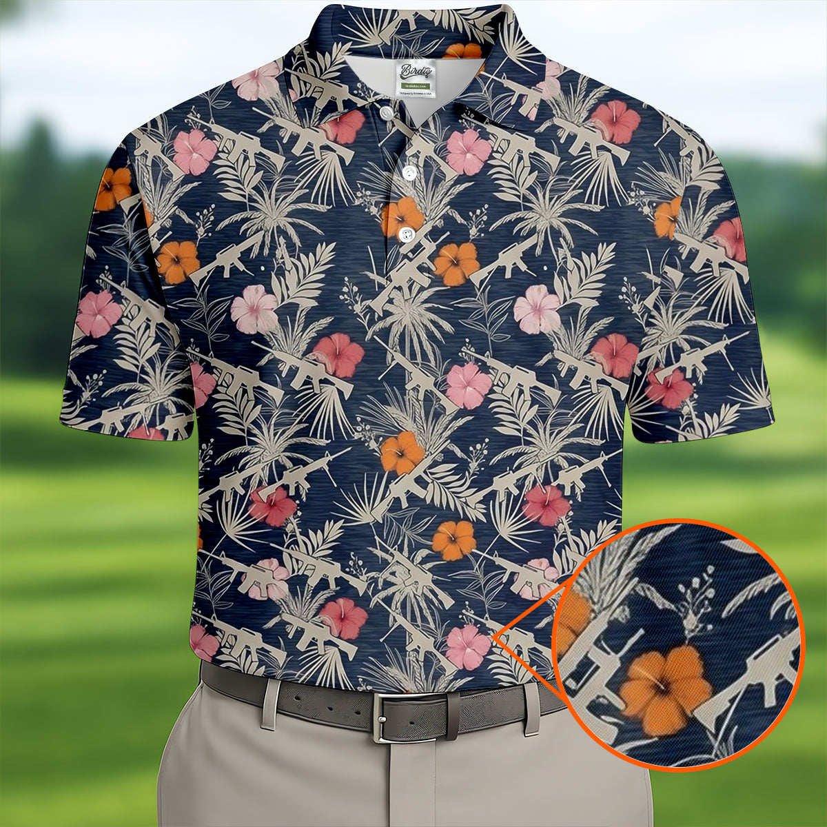 Hawaiian Hibicus Military Theme Navy Golf Shirt, Golf Shirts For Men, Polo Shirts For Men