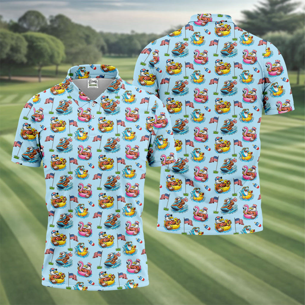 Eagle Shark Summer Theme Patriotic Party 4th Of July Golf Shirt, 250th Anniversary Golf Shirts For Men