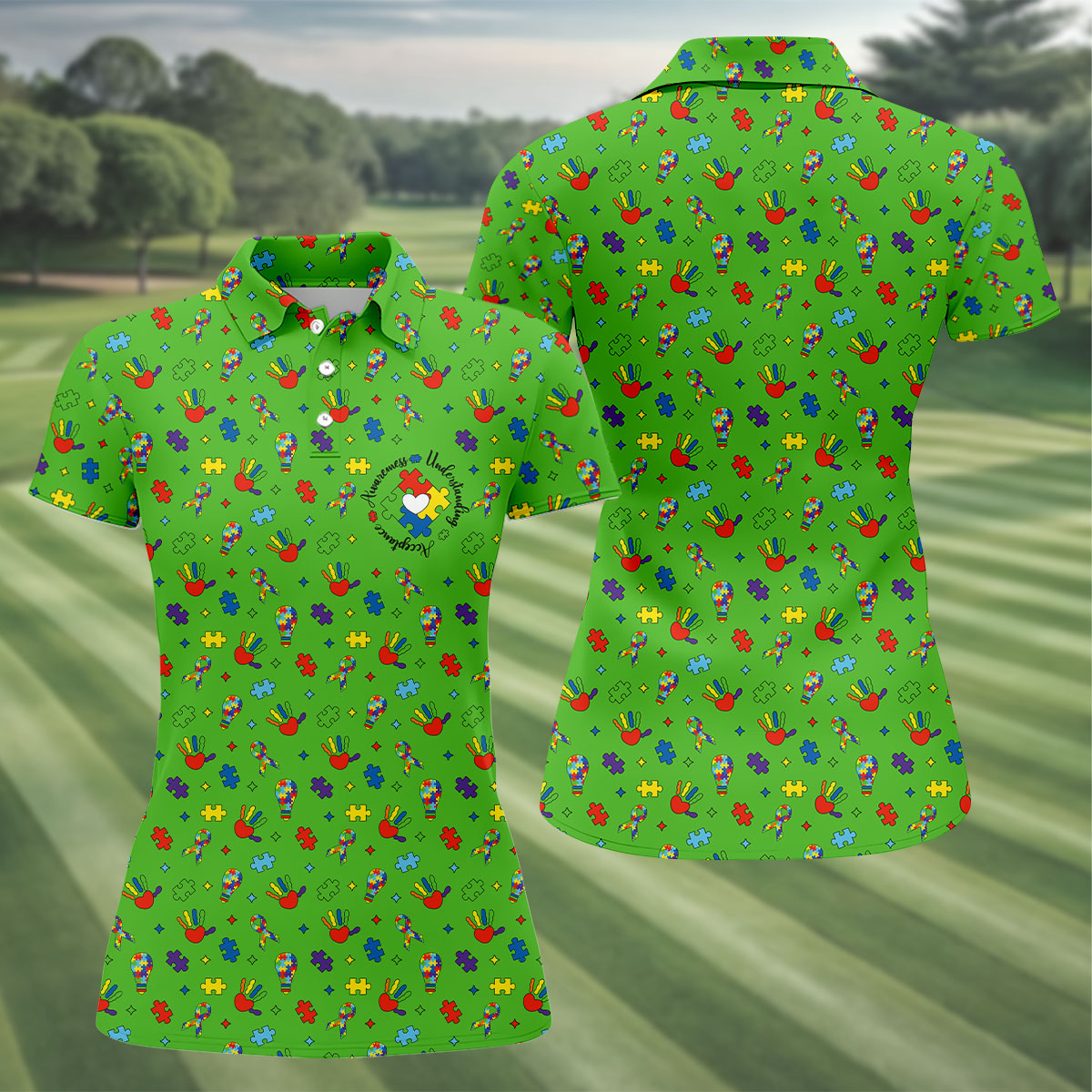 Awareness Understanding Acceptance Autism Ribbon Green Golf Shirt, Autism Awareness Colors Women's Golf Tops