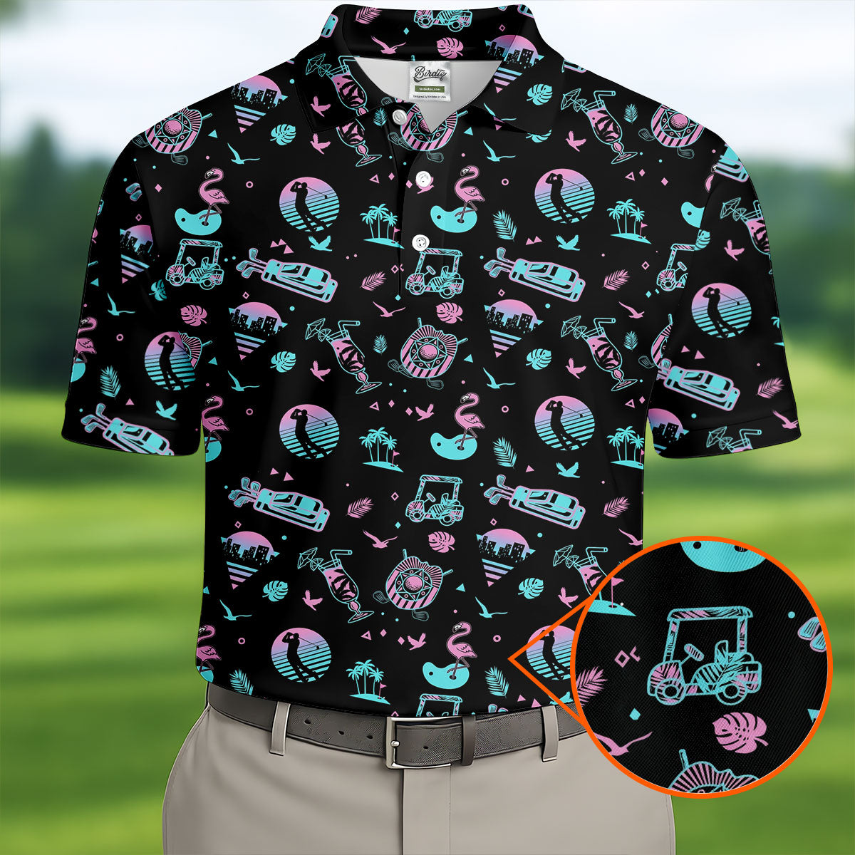 Flamingo Tropical Gradient Colors Retro Golf Shirt, Golf Tops For Men, Golf Shirts For Men