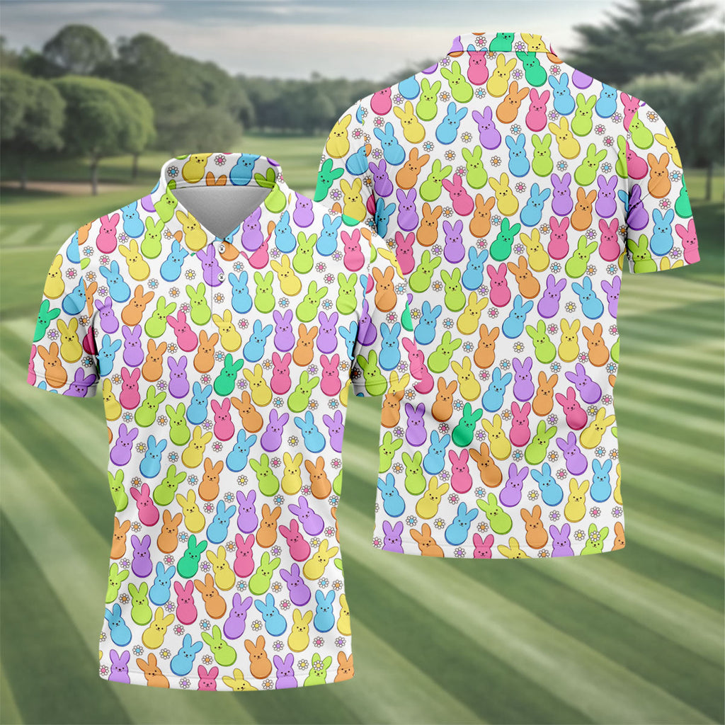 Pastel Easter Peeps Daisy Pattern Golf Shirts For Men, Cute Golf Outfit, Polo Shirts For Men