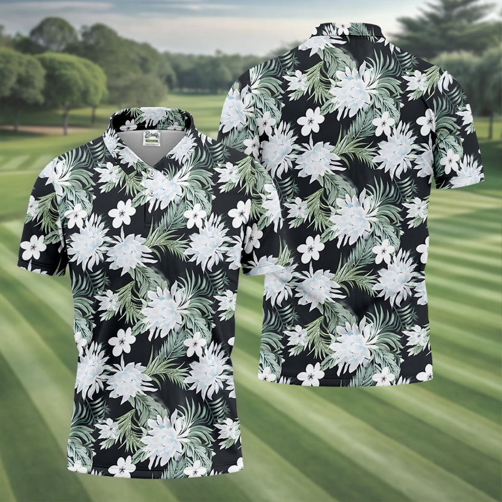 White Flower Tropical Hawaiian Vibe Golf Tops For Men, Golf Shirts For Men, Golf Gift For Men