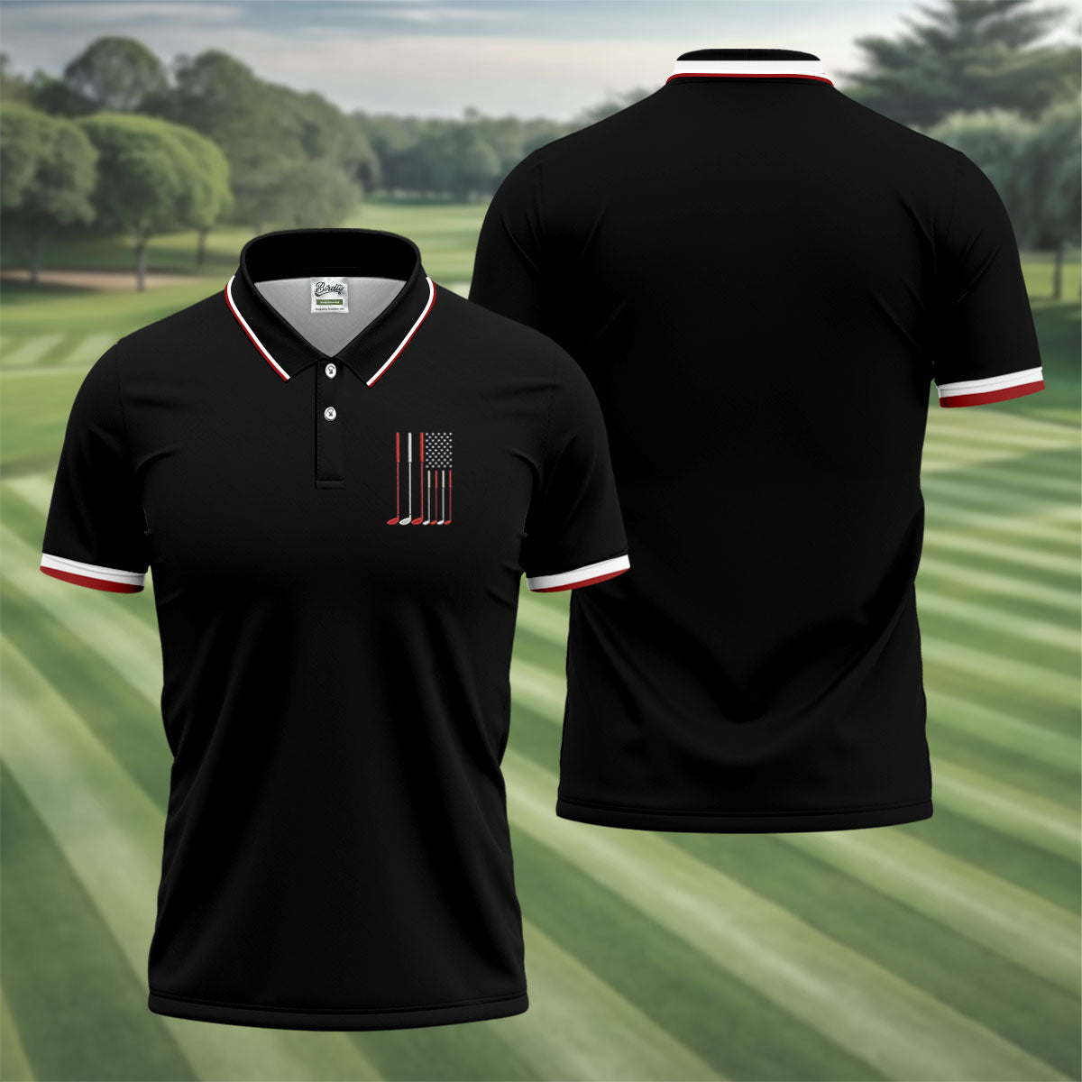 Golf Clubs America Flag Logo 250th Anniversary Black Golf Shirt, Patriotic Golf Shirt, Golf Shirts For Men