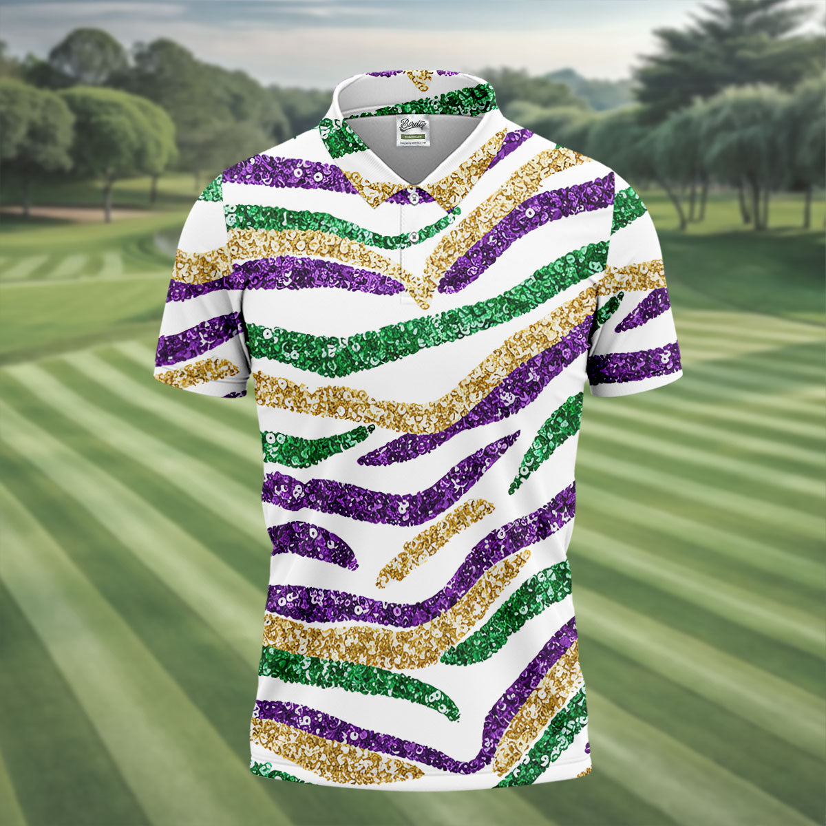 Purple Green Gold Sequin Pattern White Mardi Gras Golf Shirt, Polo Shirts For Men, Golf Shirts For Men