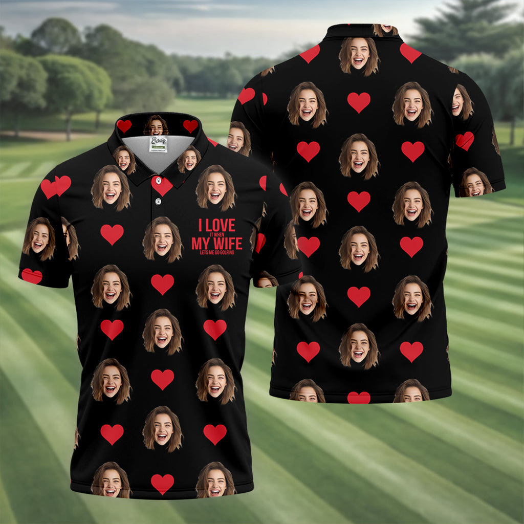 I Love My Wife Custom Photo Black Golf Shirt, Valentines Golf Gift, Fun Golf Shirts For Men, Golf Gift For Men