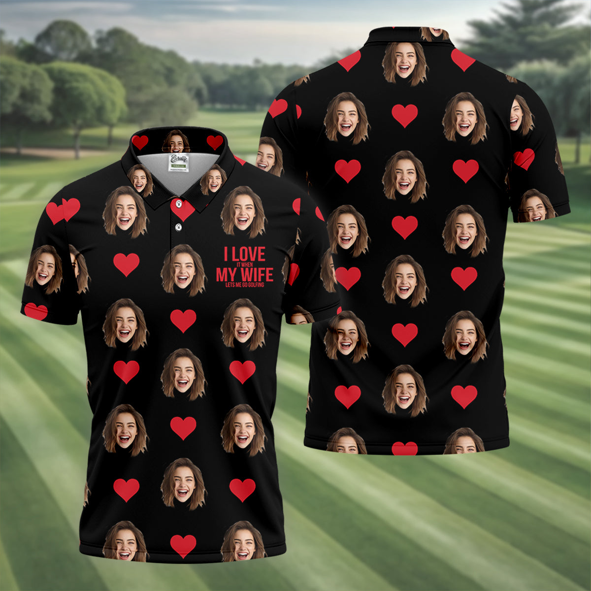 I Love My Wife Custom Photo Black Golf Shirt, Valentines Golf Gift, Fun Golf Shirts For Men, Golf Gift For Men