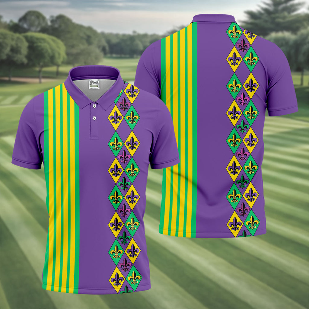 Fleur De Lis Argyle Pattern Purple Green Gold Stripes Golf Tops For Men, Polo Shirts For Men, Golf Shirts For Men