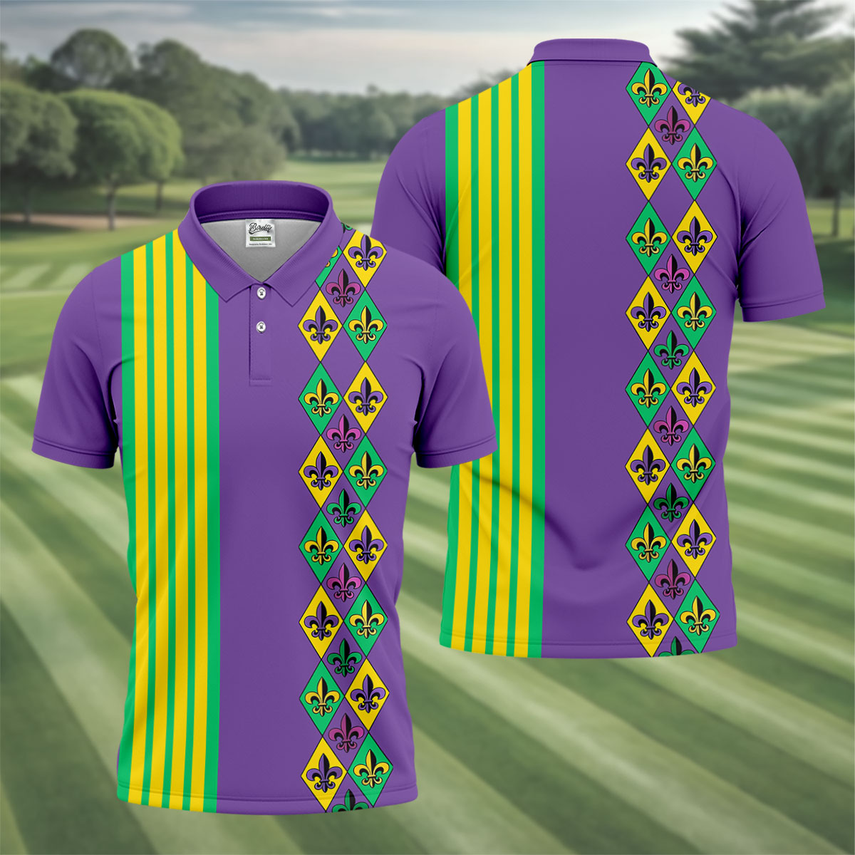 Fleur De Lis Argyle Pattern Purple Green Gold Stripes Golf Tops For Men, Polo Shirts For Men, Golf Shirts For Men