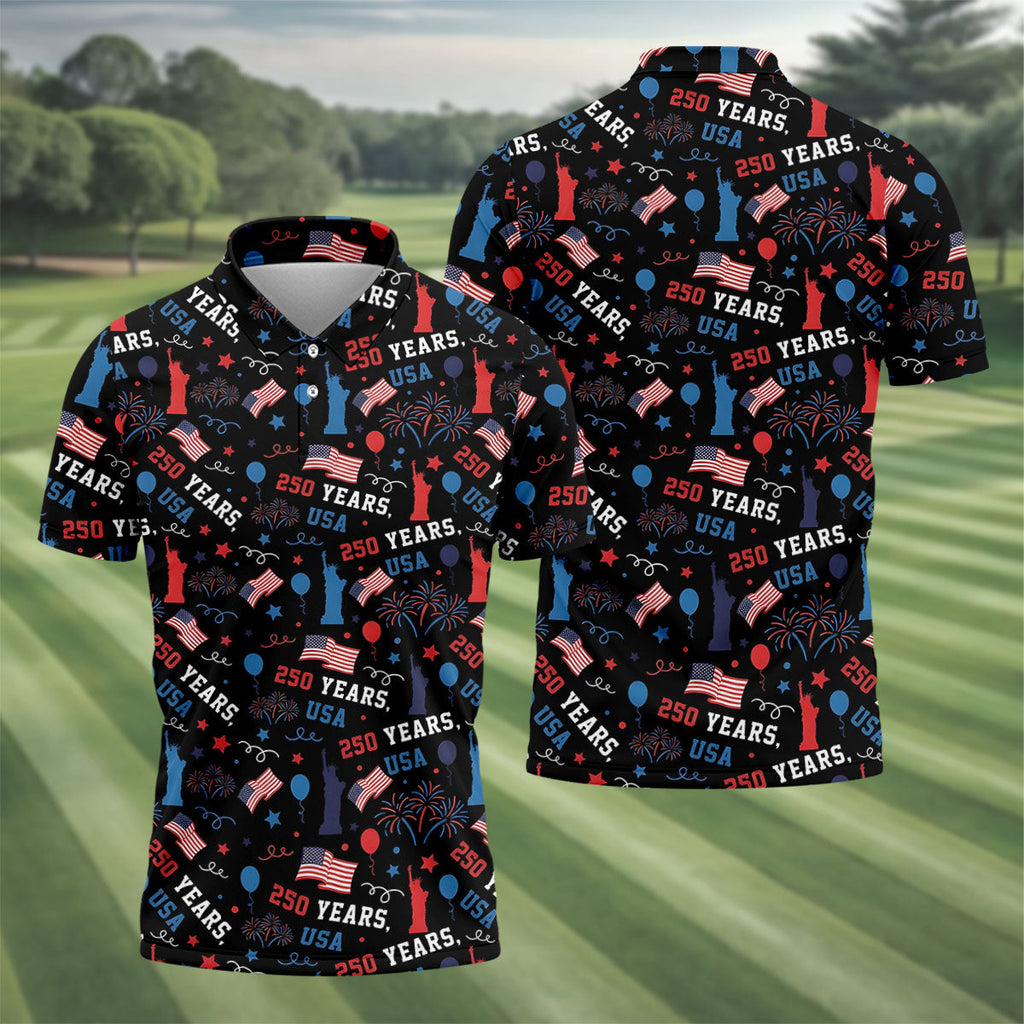 250 Years USA Red White Blue Seamless Pattern Black Golf Shirt, Patriotic 4th Of July Golf Shirts For Men