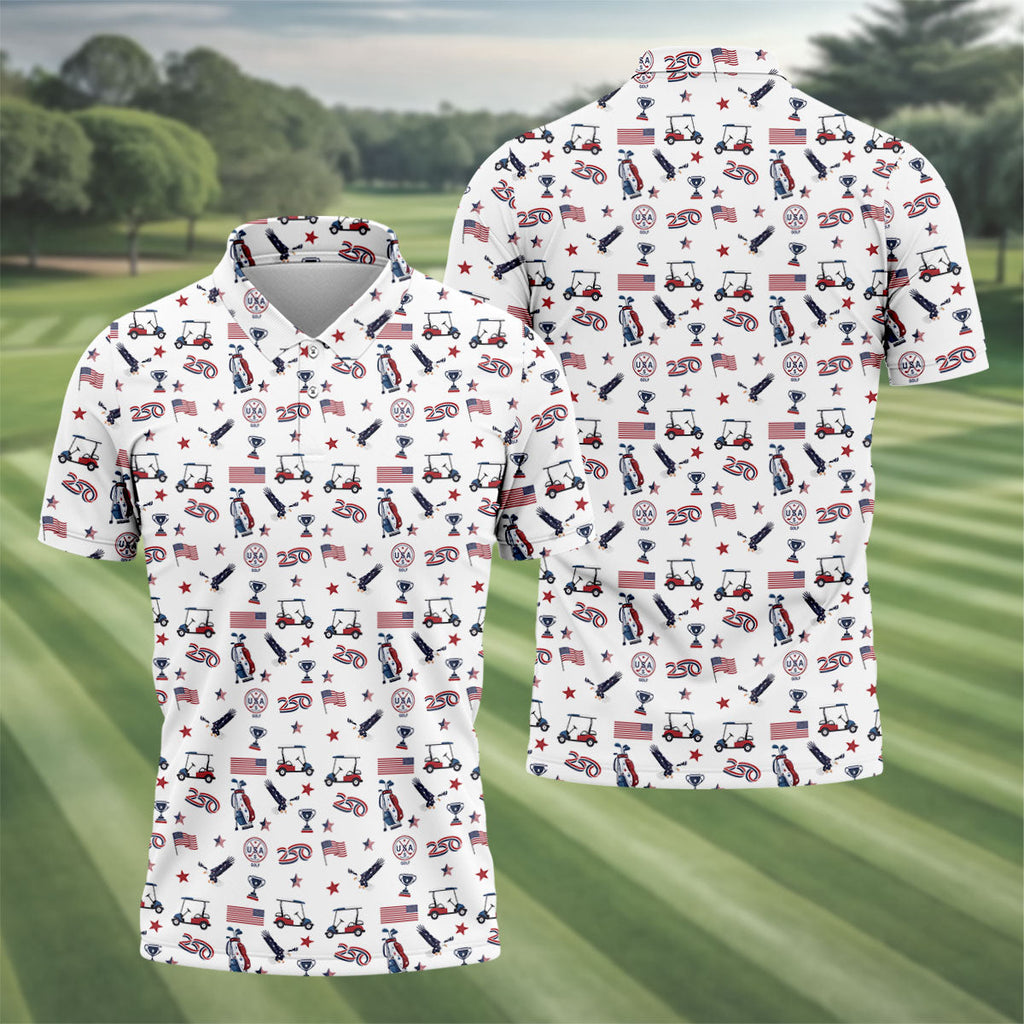 250 Years Golf Pattern Patriotic Golf Shirt, Golf Tops For Men, 4th Of July Golf Shirts For Men