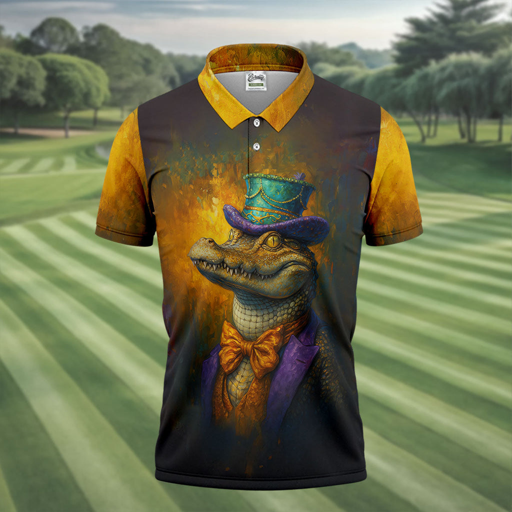 Mardi Gras Aligator Retro Golf Shirt, Golf Tops For Men, Polo Shirts For Men, Golf Shirts For Men